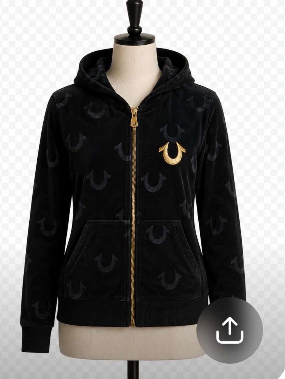 Gold-Emblem Black Hooded Zip Jacket - Women